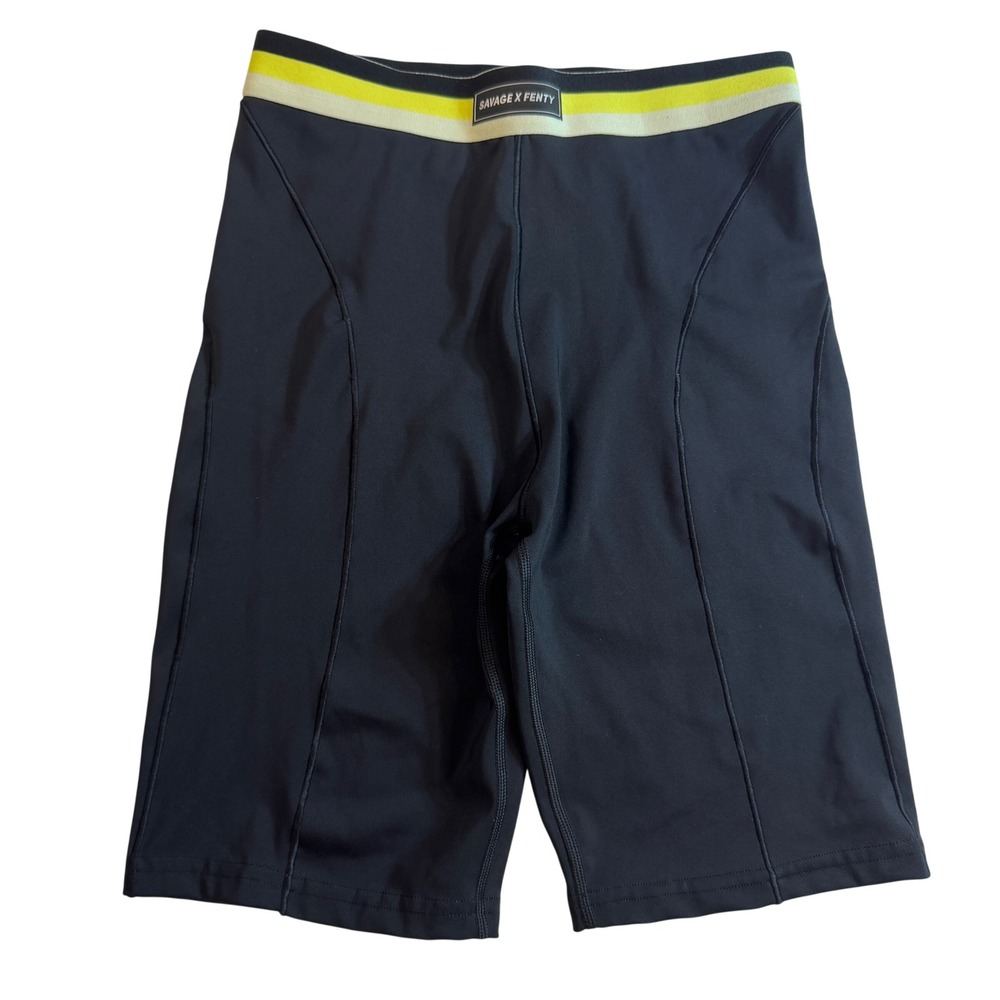 Savage x Fenty Black Biker‎ Shorts Neon Yellow Trim Logo Women's Size Medium